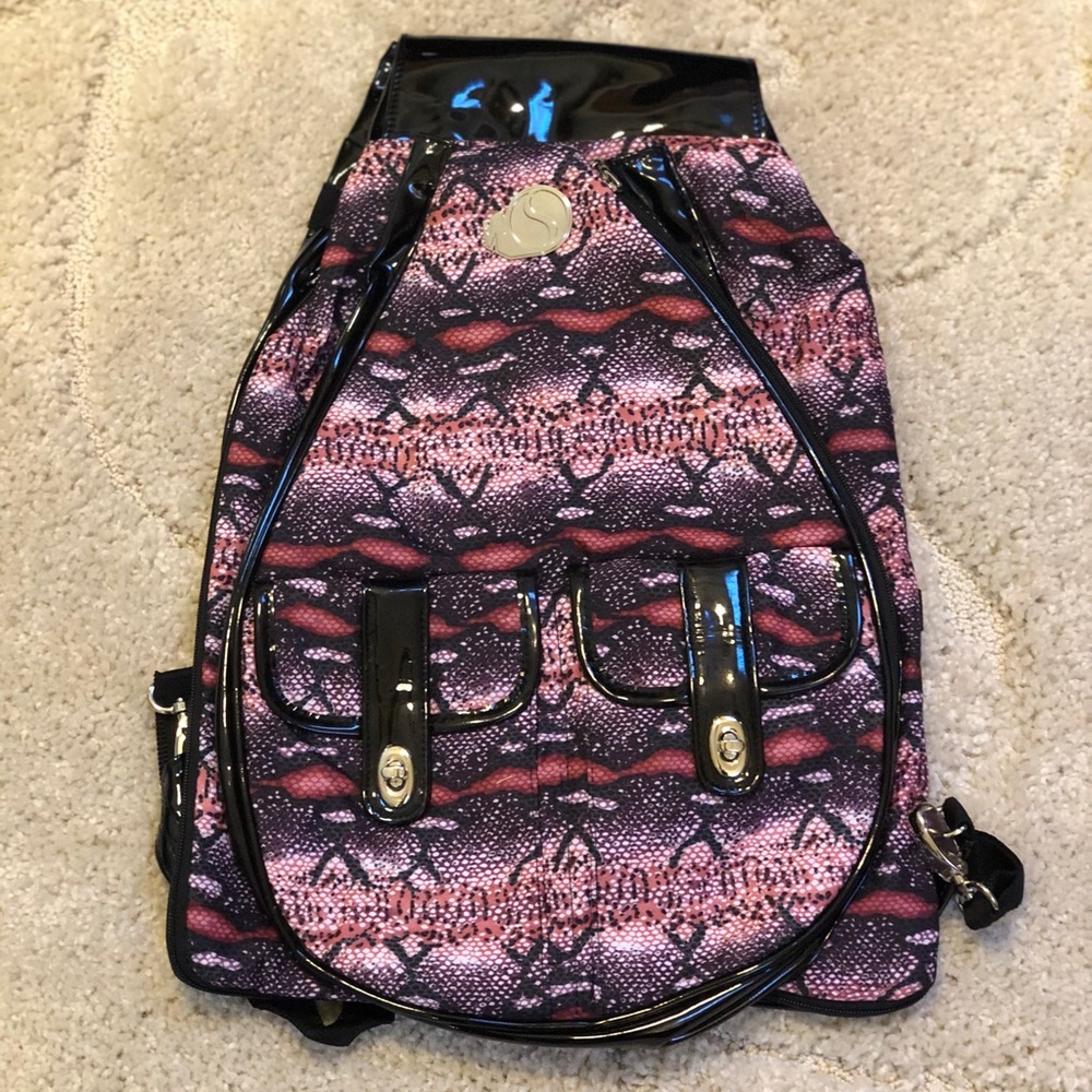 Whak Sak Pink Black Patent Tennis Backpack